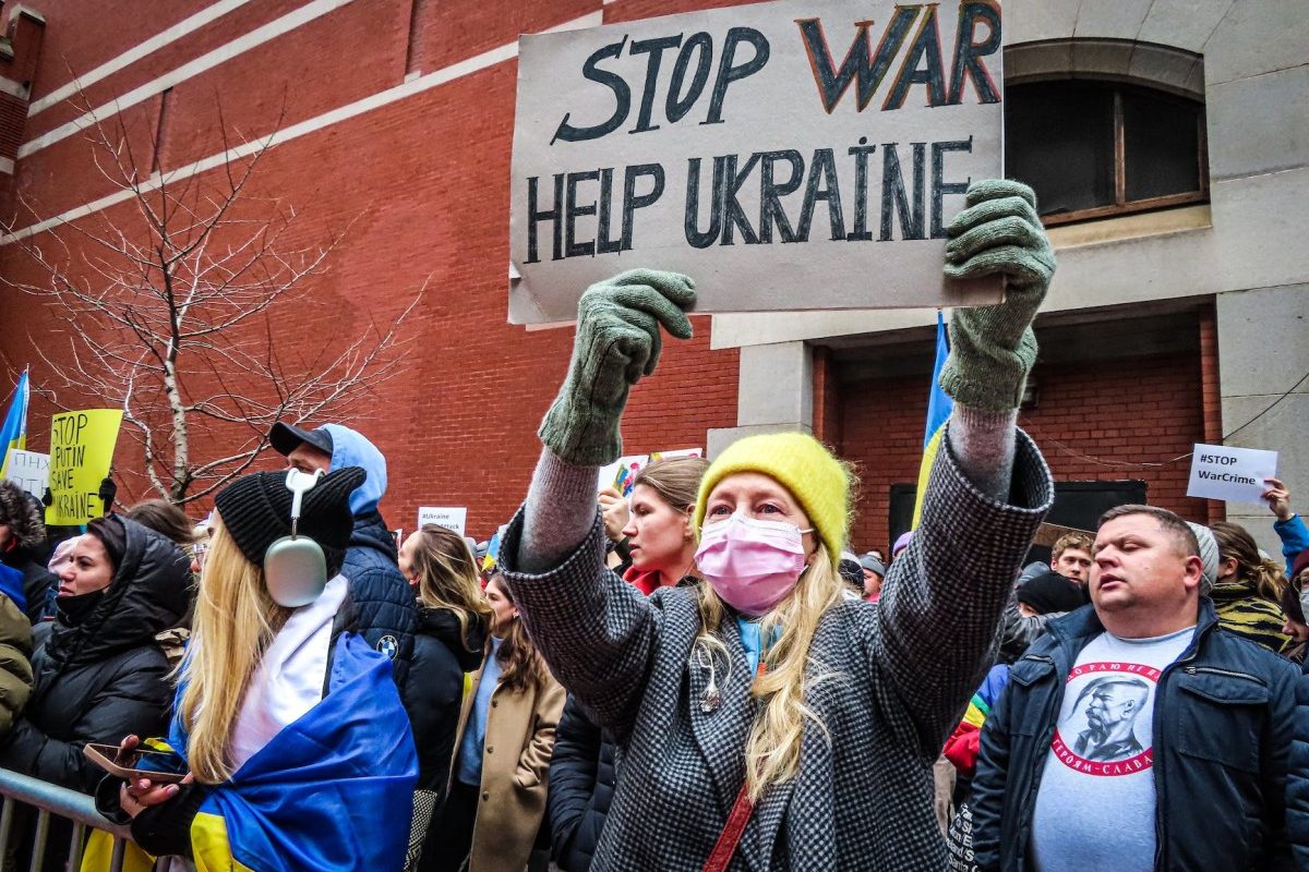 crowd on protest against war on ukraine