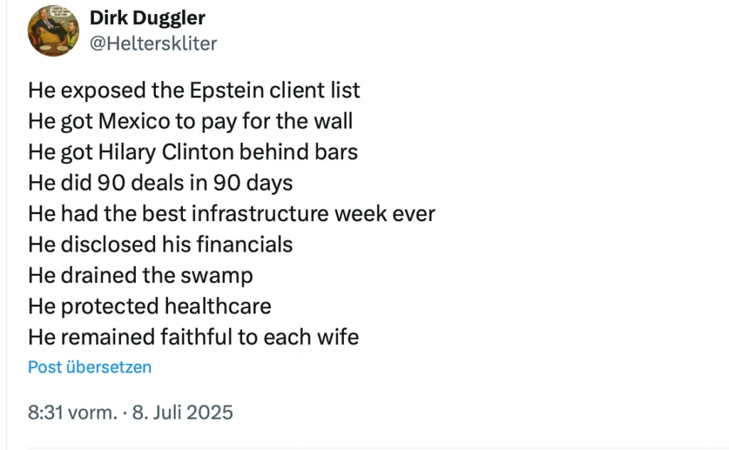 Ein Tweet mit verschiedenen Behauptungen über die Errungenschaften von Donald Trump, darunter Themen wie Infrastruktur, Finanztransparenz und Gesundheitsversorgung.