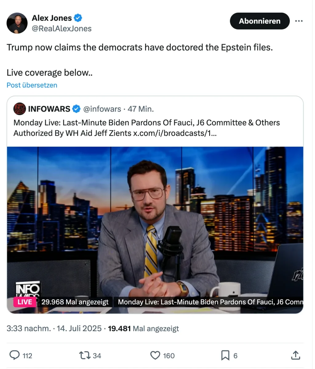 Alex Jones discusses claims by Donald Trump about the Democrats doctoring Epstein files during a live broadcast on Infowars.