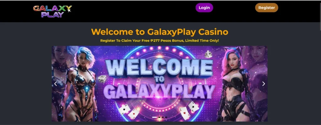 Willkommensbanner für GalaxyPlay Casino mit bunten Lichtern, einer stylischen Figur und dem Hinweis auf einen Bonus.