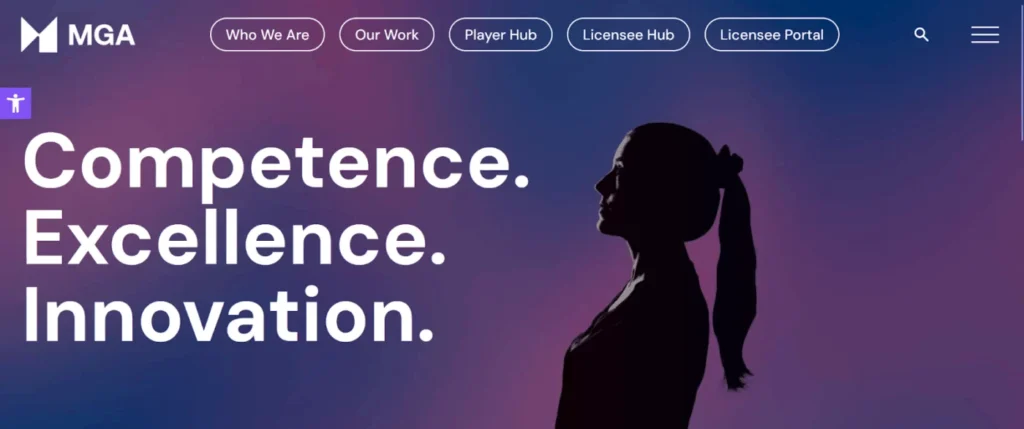 Website der Malta Gaming Authority (MGA) mit dem Slogan 'Kompetenz. Exzellenz. Innovation.'