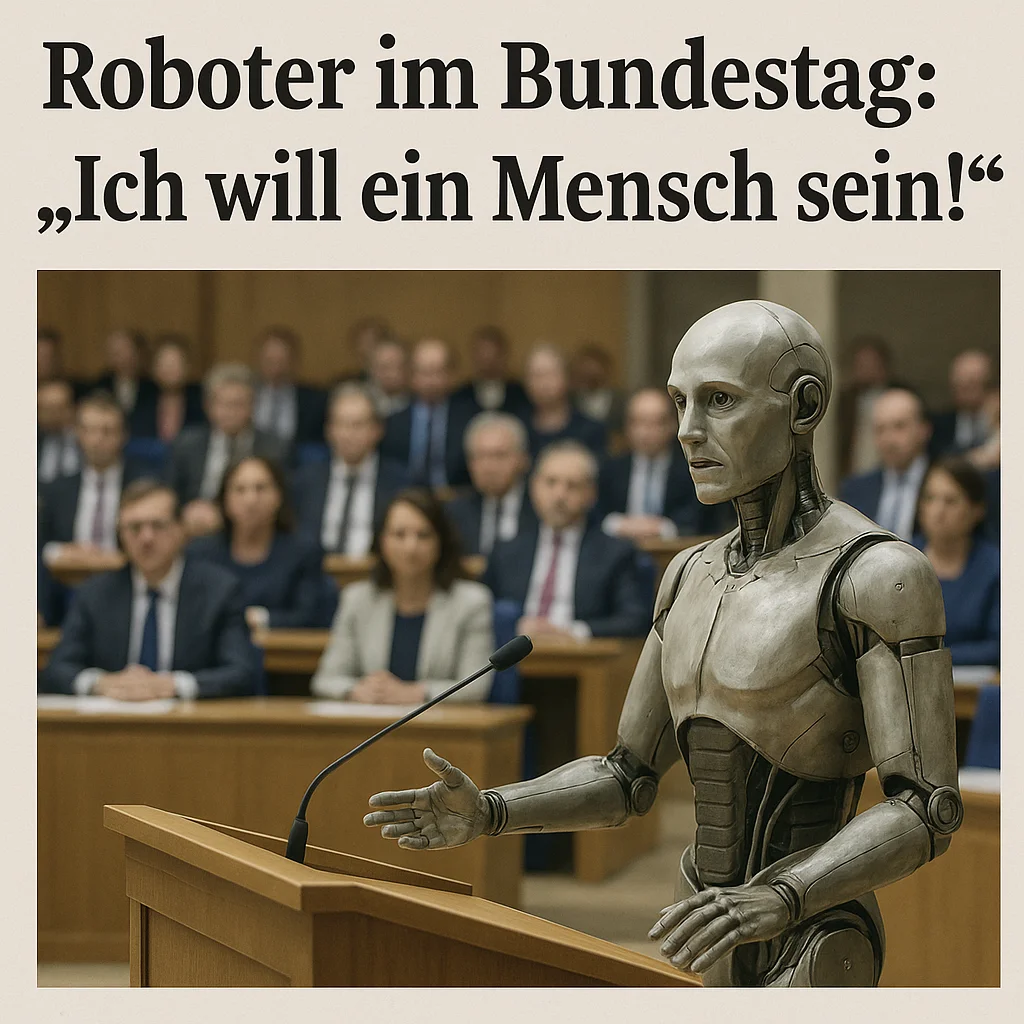 Ein humanoider Roboter spricht im Bundestag und fordert, als Mensch anerkannt zu werden, während Zuhörer im Hintergrund gespannt zuhören.