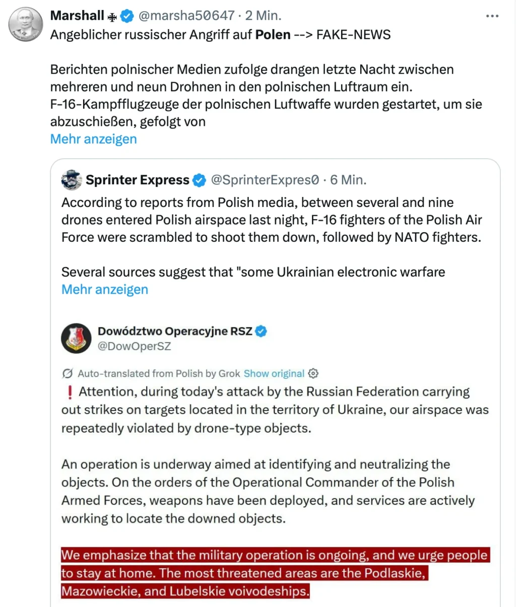 Eine Bildschirmaufnahme von Twitter, die Nachrichten zu einem angeblichen russischen Angriff auf Polen und die Reaktion der polnischen Luftwaffe zeigt, einschließlich Berichten über den Einsatz von F-16-Kampfjets.