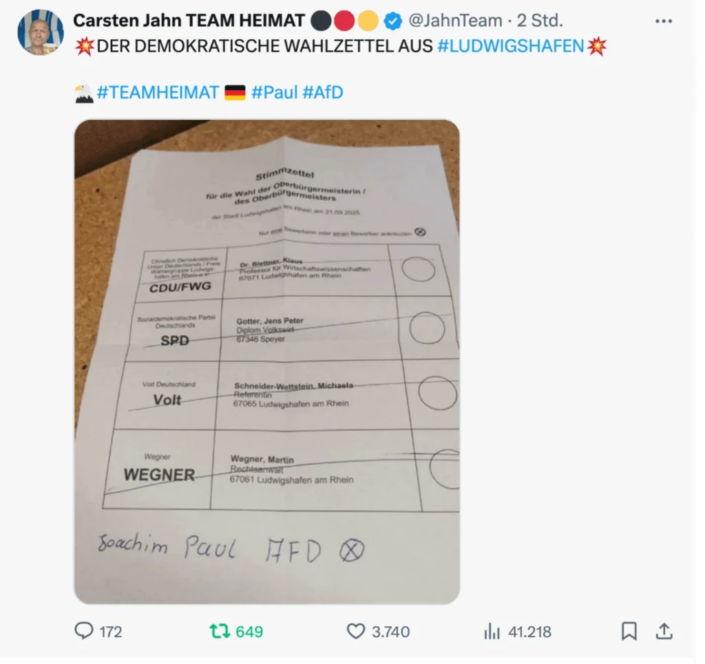 A voting ballot for the election of the mayor in Ludwigshafen, Germany, with candidates from various political parties and handwritten notes at the bottom.