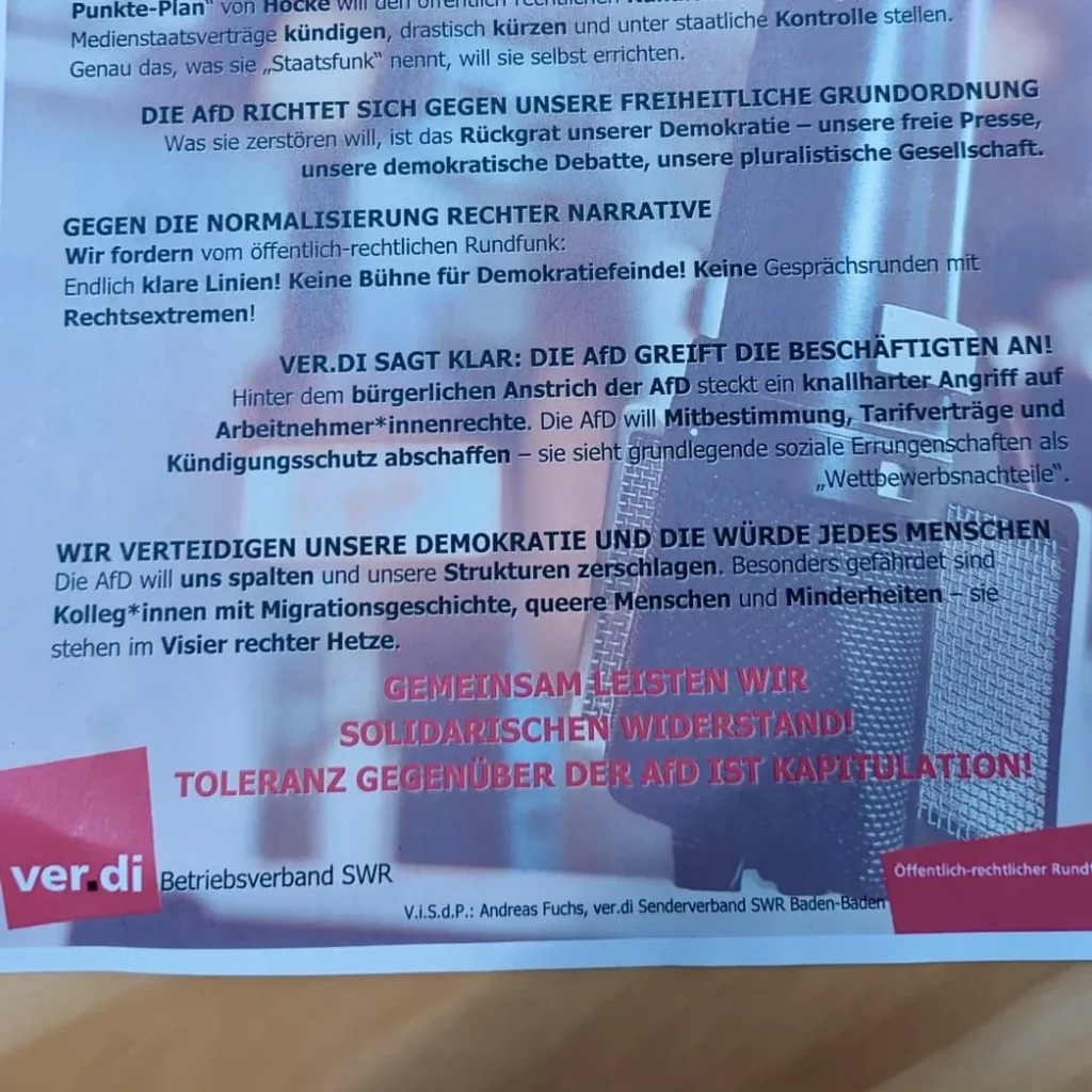 Ver.di hetzt mit Flugblatt in SWR-Kantine gegen AfD