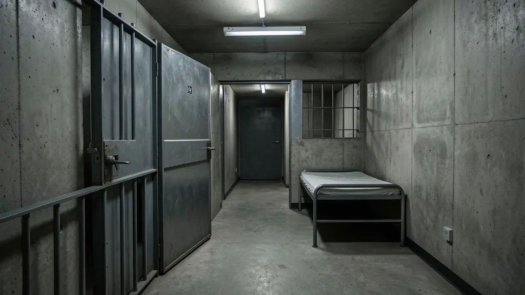 Blick aus dem Inneren einer Gefängniszelle durch eine weit geöffnete Zellentür in den dunklen Gang.