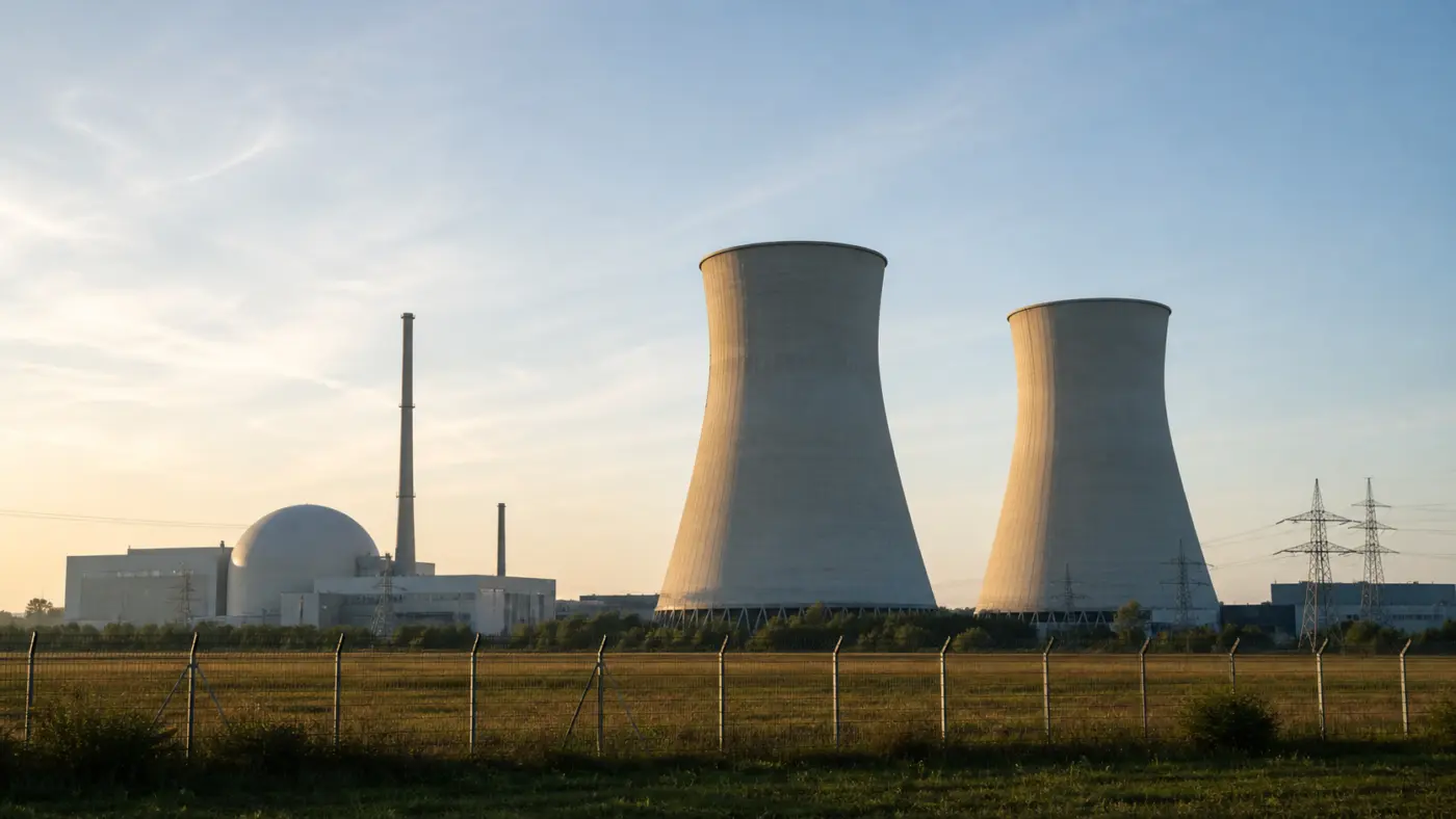 Kernkraftwerk mit Kühltürmen hinter einem Zaun