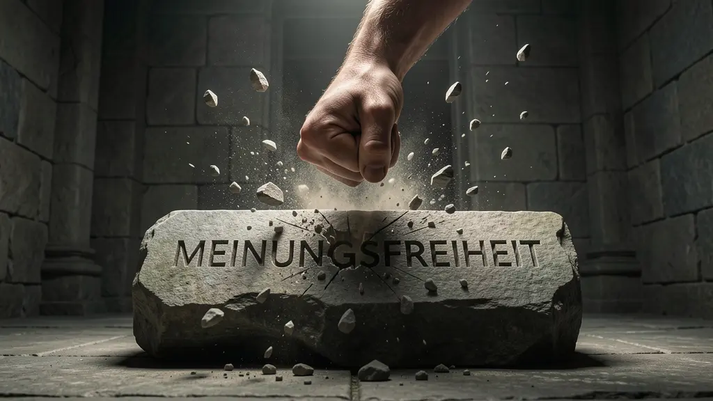 Eine Faust schlägt auf einen Altar mit eingemeisseltem Wort "MEINUNGSFREIHEIT"; die Inschrift splittert nach allen Seiten.