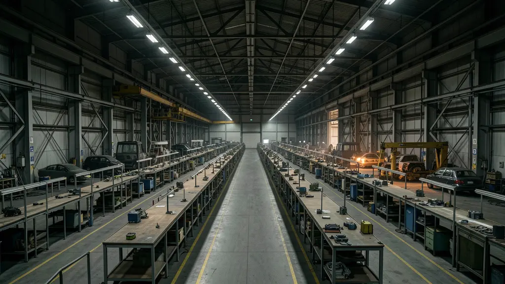 Leere Automobil-Produktionshalle mit stillstehenden Fließbändern – Symbol des industriellen Abbaus.