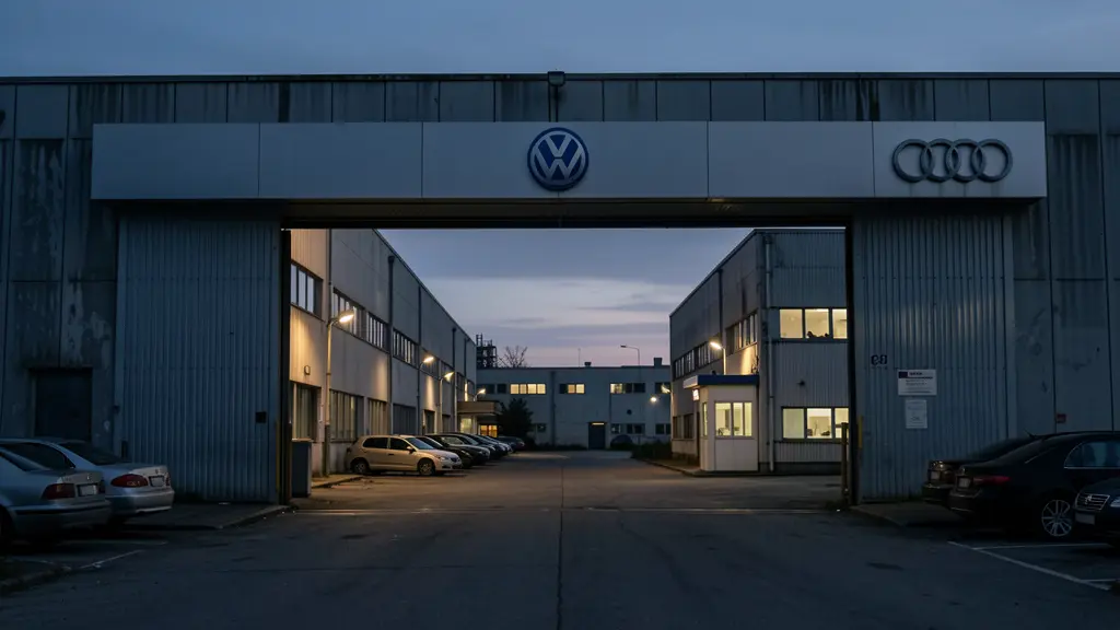 Stilles Werkstor eines Volkswagen- oder Audi-Werks bei Dämmerung – Symbol des industriellen Niedergangs.