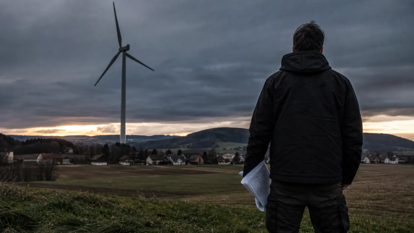 Windkraftkritiker blickt auf eine Windenergieanlage nahe einer ländlichen Ortschaft