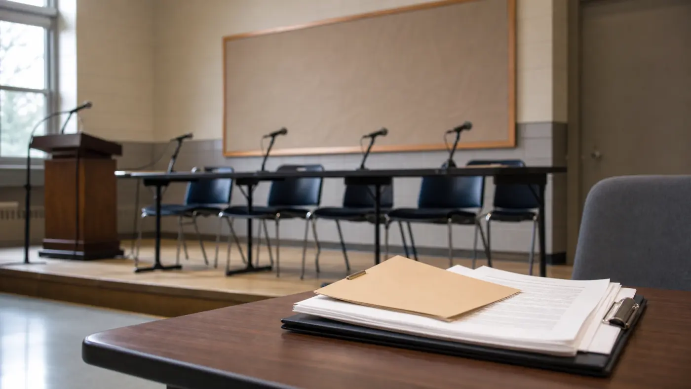 Leere Podiumsdiskussion in einer Schule mit Aktenmappe im Vordergrund