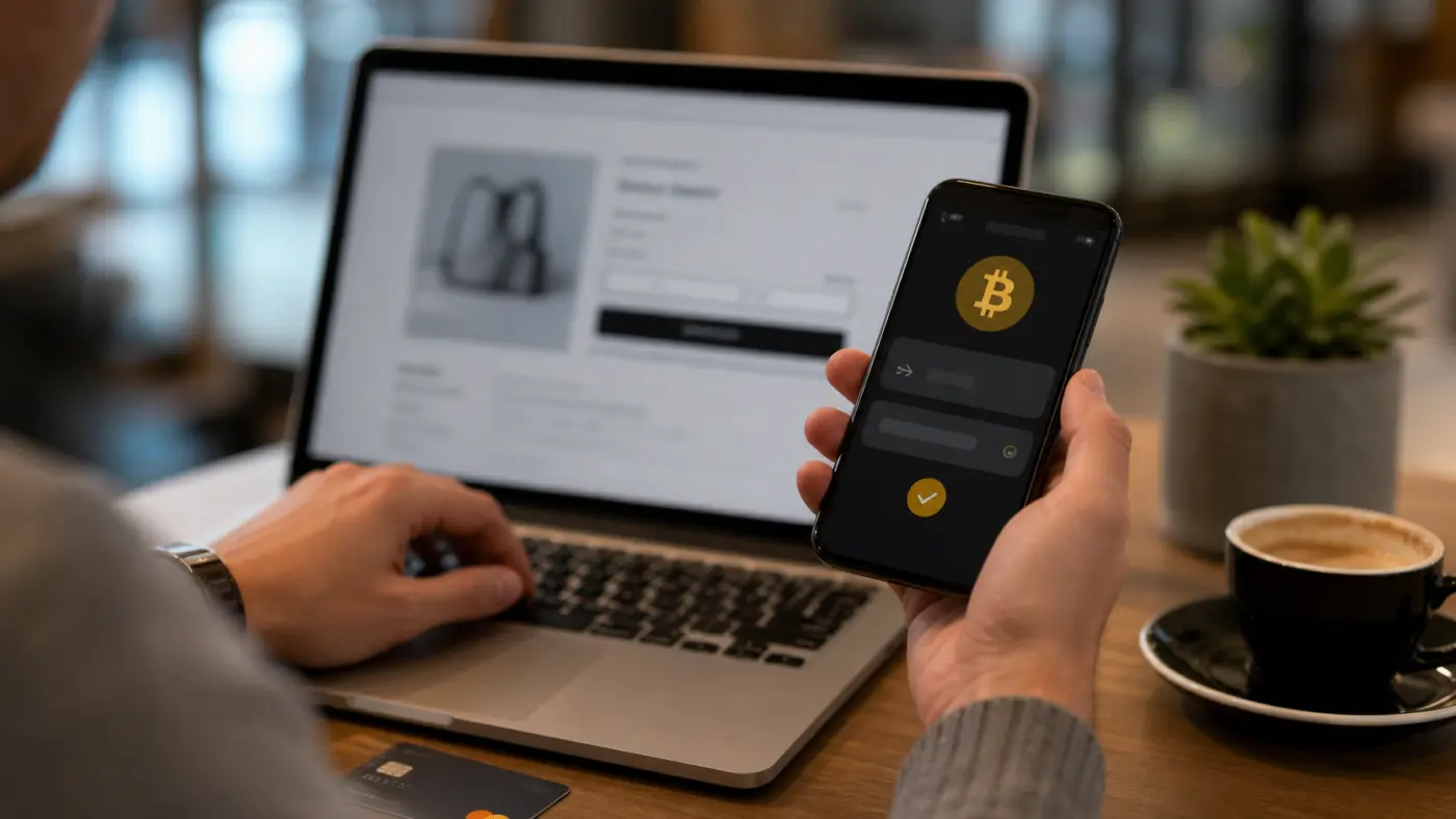 Smartphone mit Bitcoin-Wallet vor einem Laptop beim Online-Kauf