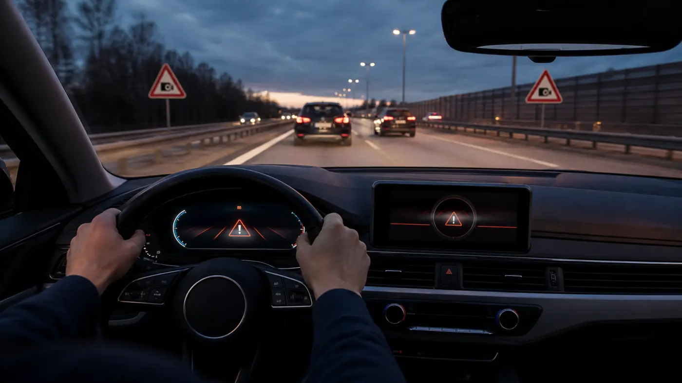Symbolbild: Fahrer im Auto mit digitaler Warnanzeige zur automatischen Temporegulierung