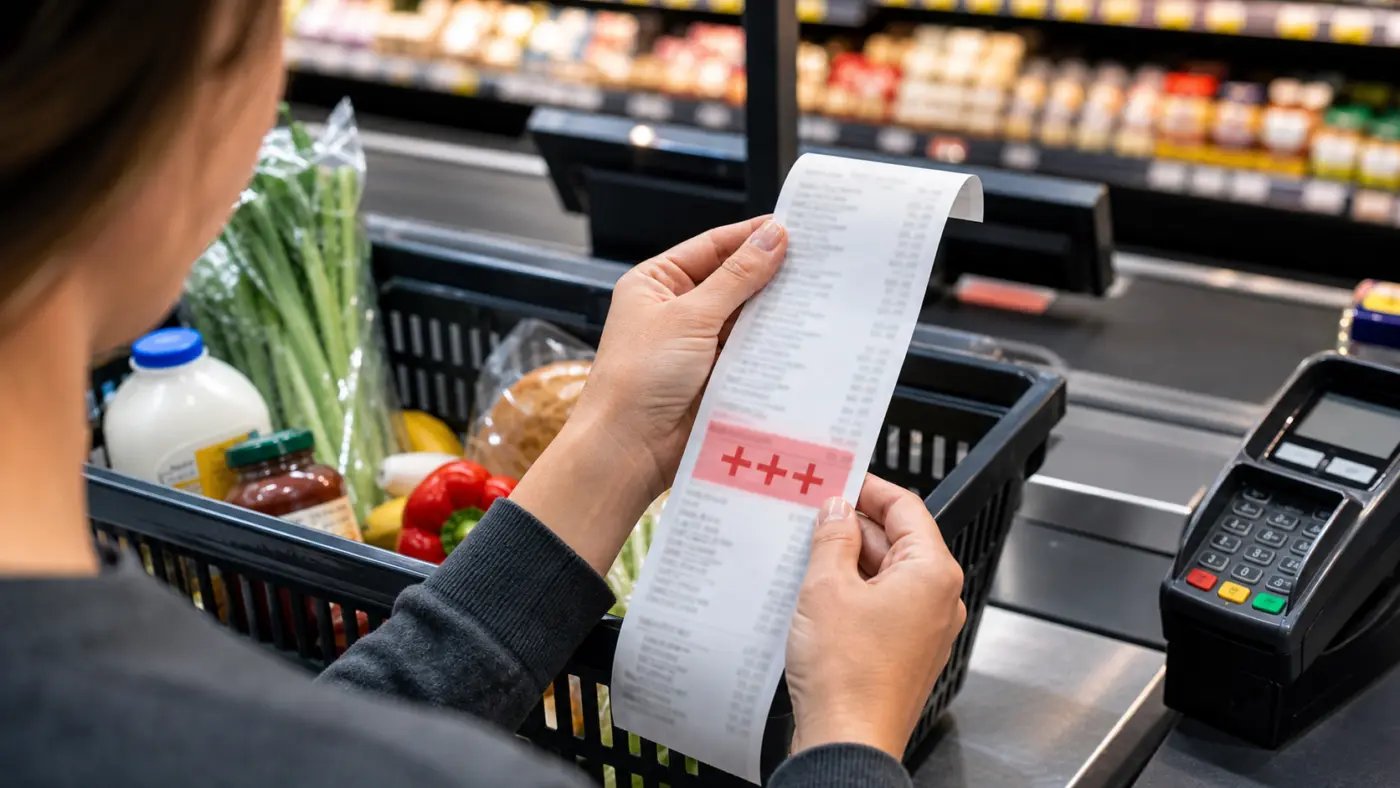 Symbolbild: Einkauf an einer Supermarktkasse mit Kassenbon