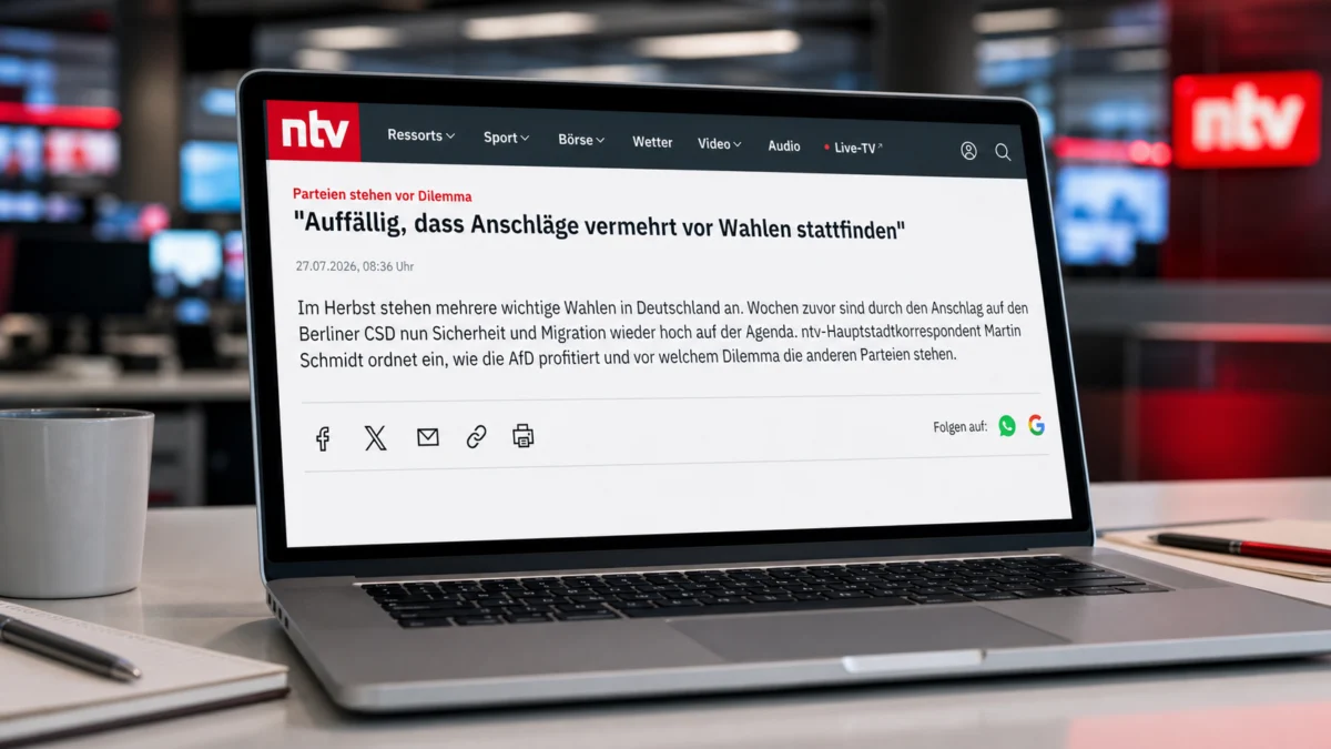 Laptop mit ntv-Beitrag über Anschläge vor Wahlen und die AfD