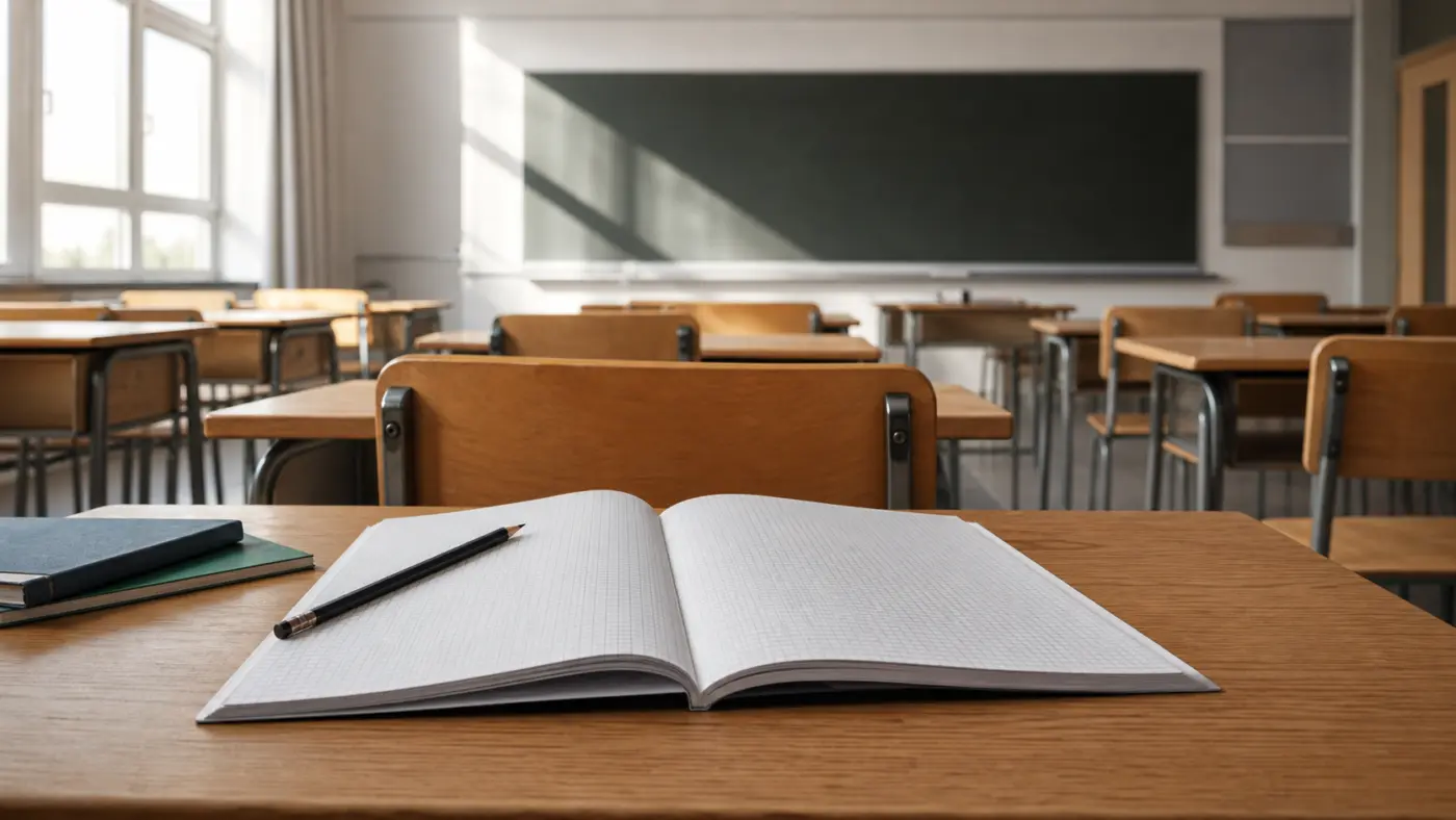 Leeres Klassenzimmer mit offenem Schulheft als Symbolbild für Bildungspolitik