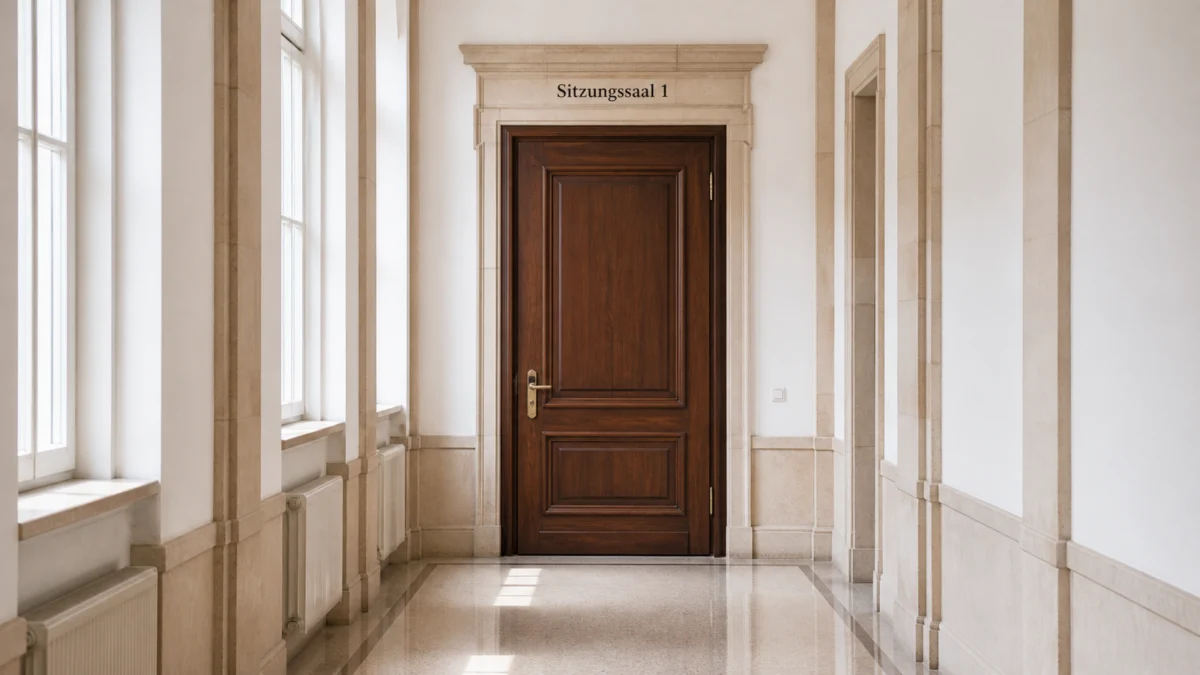 Flur eines Gerichts mit der Tür zu Sitzungssaal 1