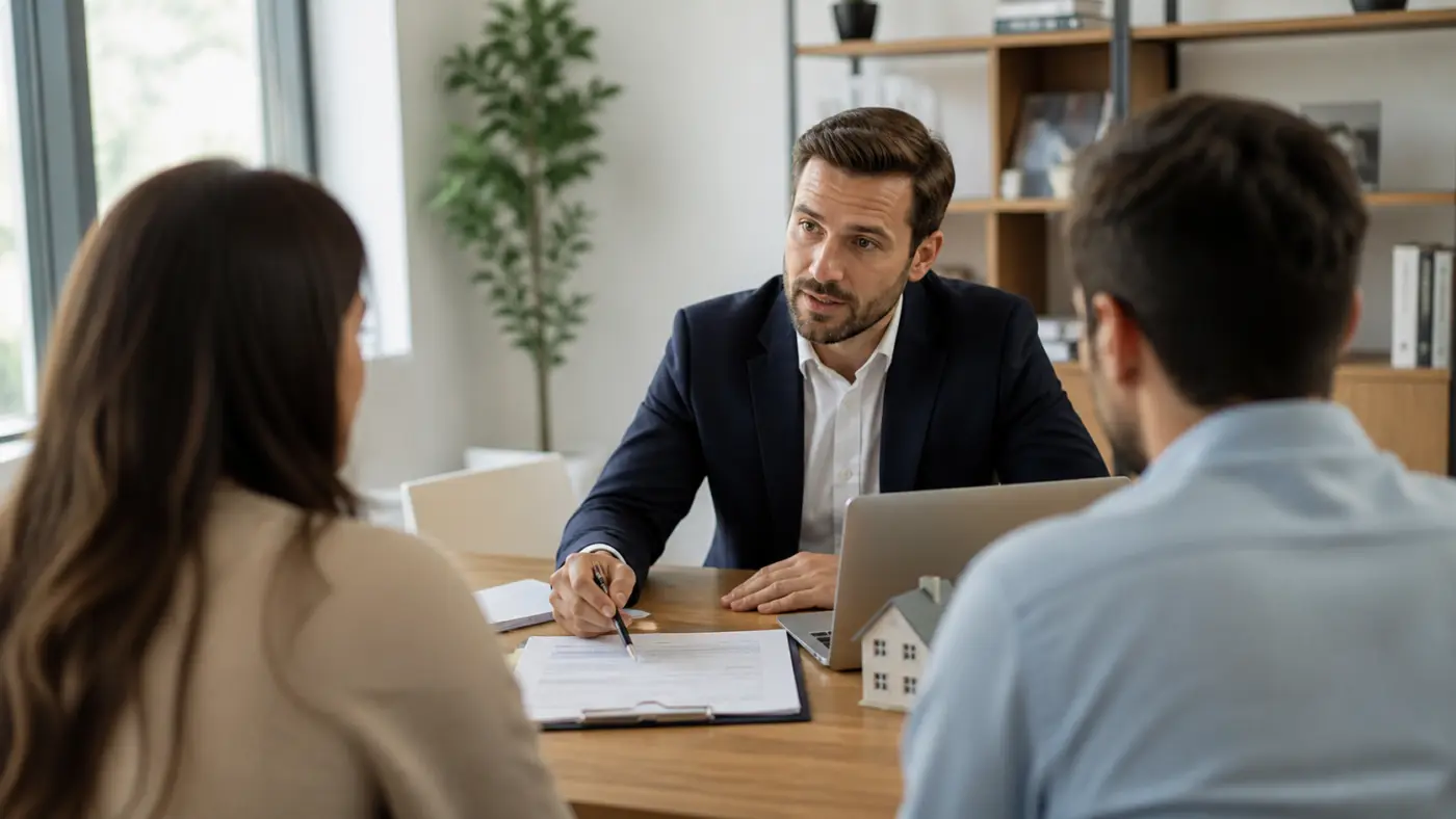 KI-generiertes Symbolbild: Berater und Kunden besprechen eine Baufinanzierung