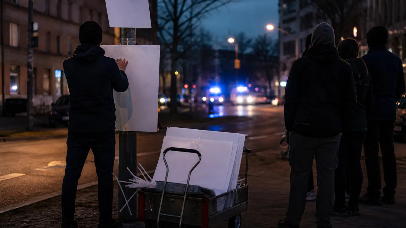 KI-generiertes Symbolbild: Wahlplakate werden abends an einer Berliner Straße angebracht