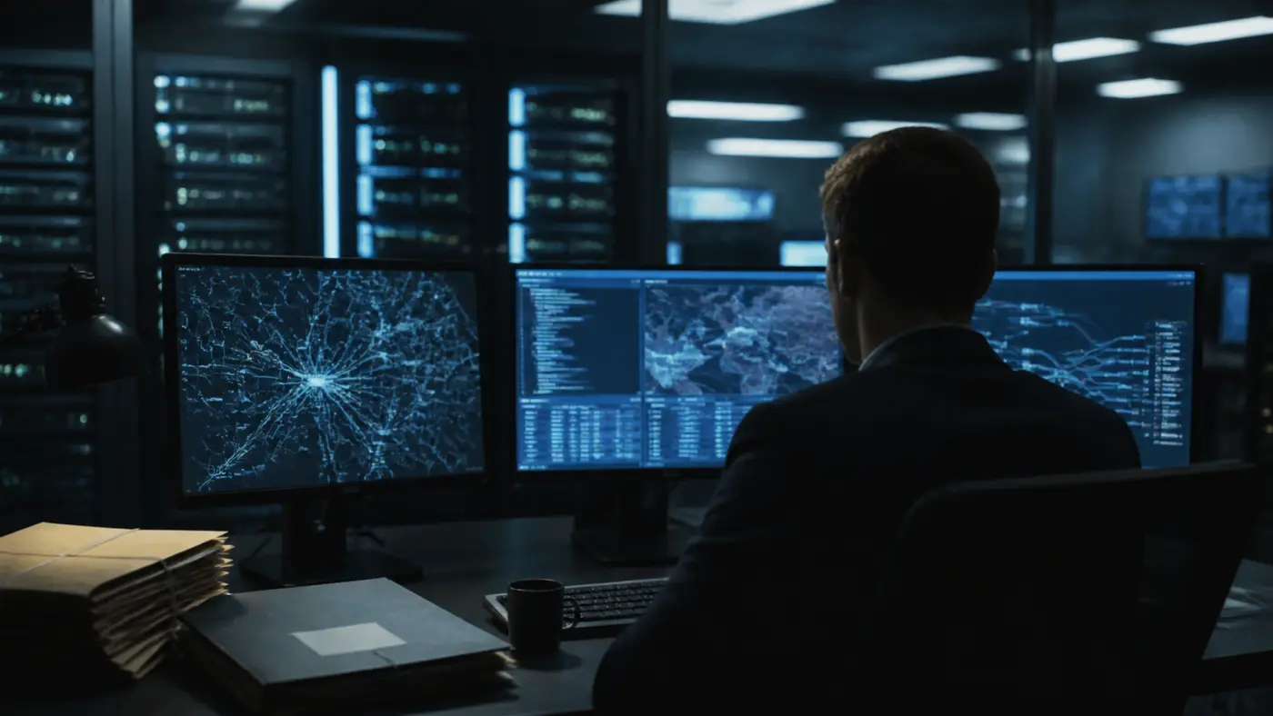 KI-generiertes Symbolbild: Mitarbeiter in einer Cyber-Leitstelle überwacht Computersysteme