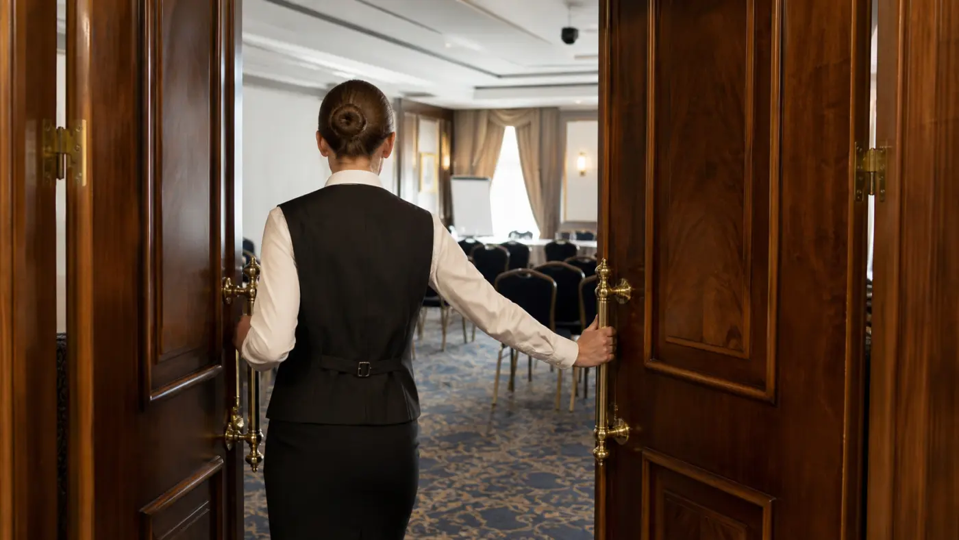 Hotelmitarbeiterin schließt die Türen eines leeren Konferenzraums
