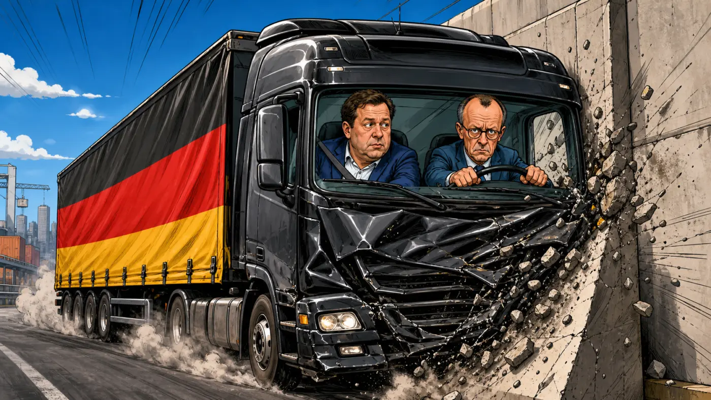 Karikatur eines schwarz-rot-goldenen Lastwagens, der mit zwei Politikern am Steuer gegen eine Betonwand fährt