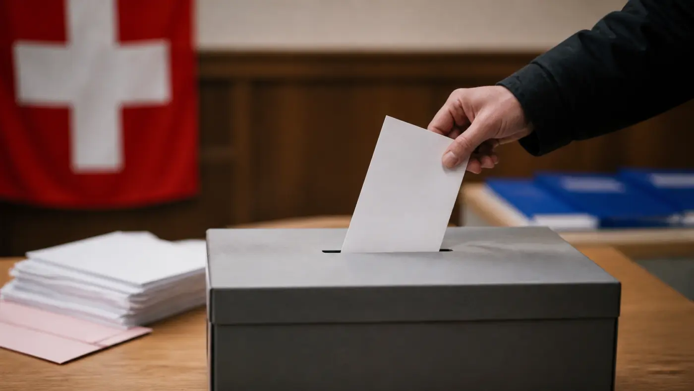 KI-generiertes Symbolbild: Stimmzettel wird in eine Schweizer Wahlurne eingeworfen