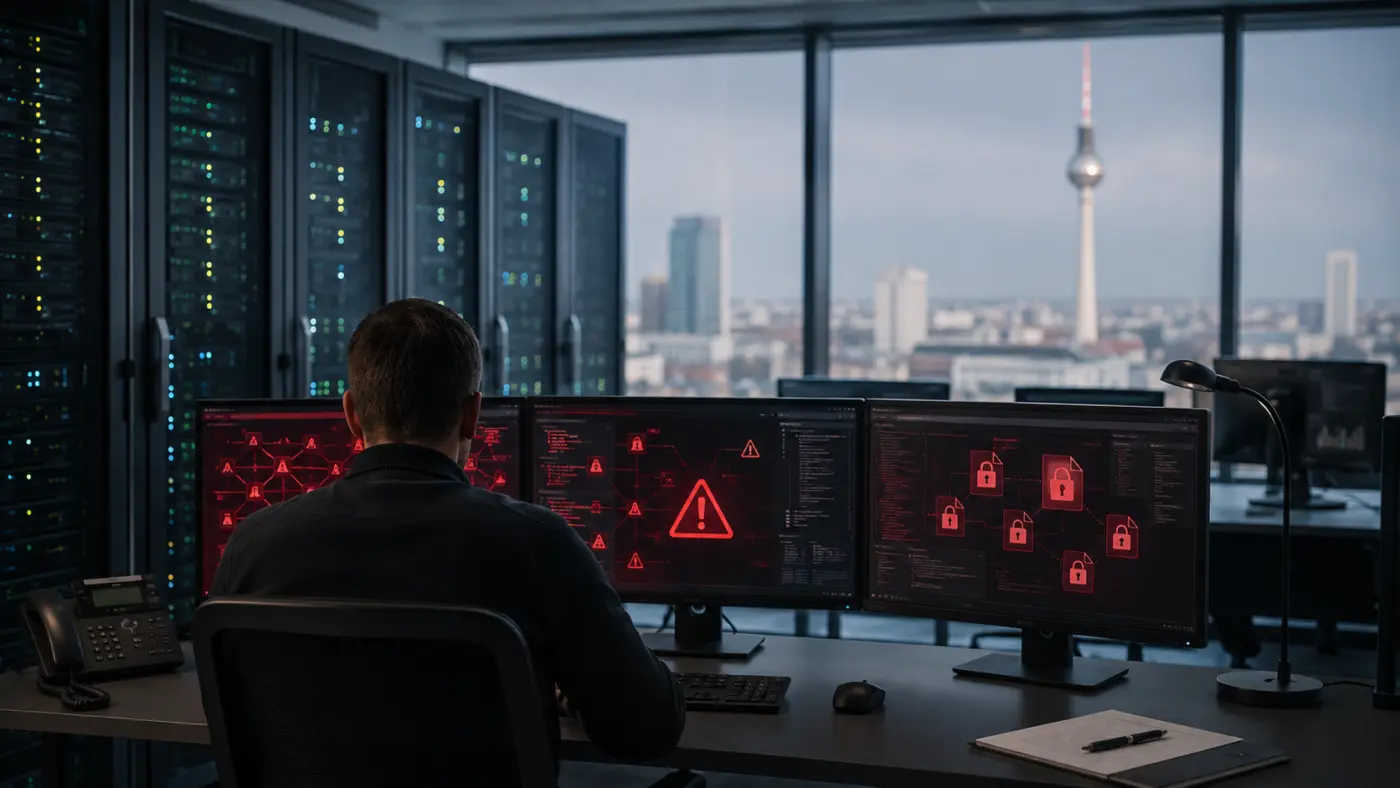 IT-Sicherheitsmitarbeiter vor Warnmeldungen in einem Berliner Serverraum