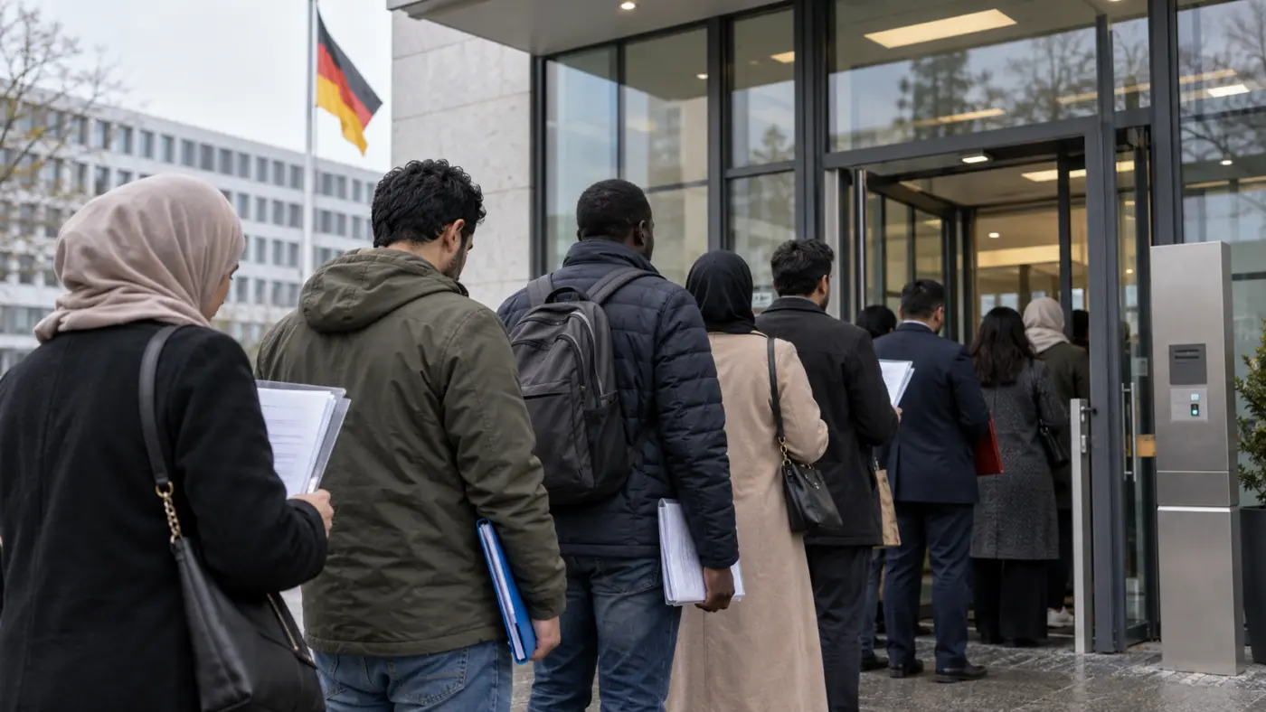 Migranten warten mit Dokumentenmappen vor einer deutschen Einbürgerungsbehörde
