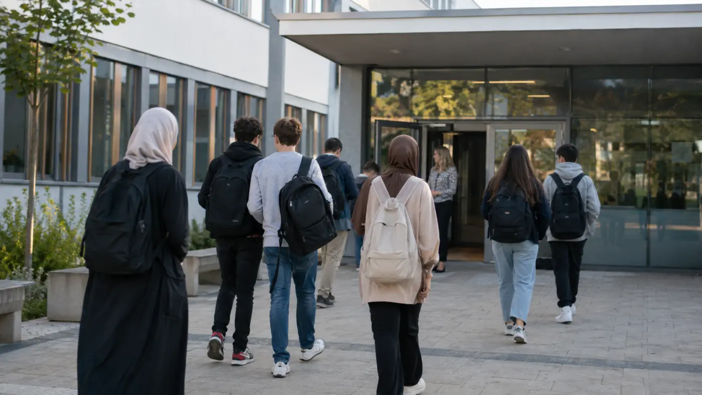 Schülerinnen und Schüler auf dem Weg in eine österreichische Schule