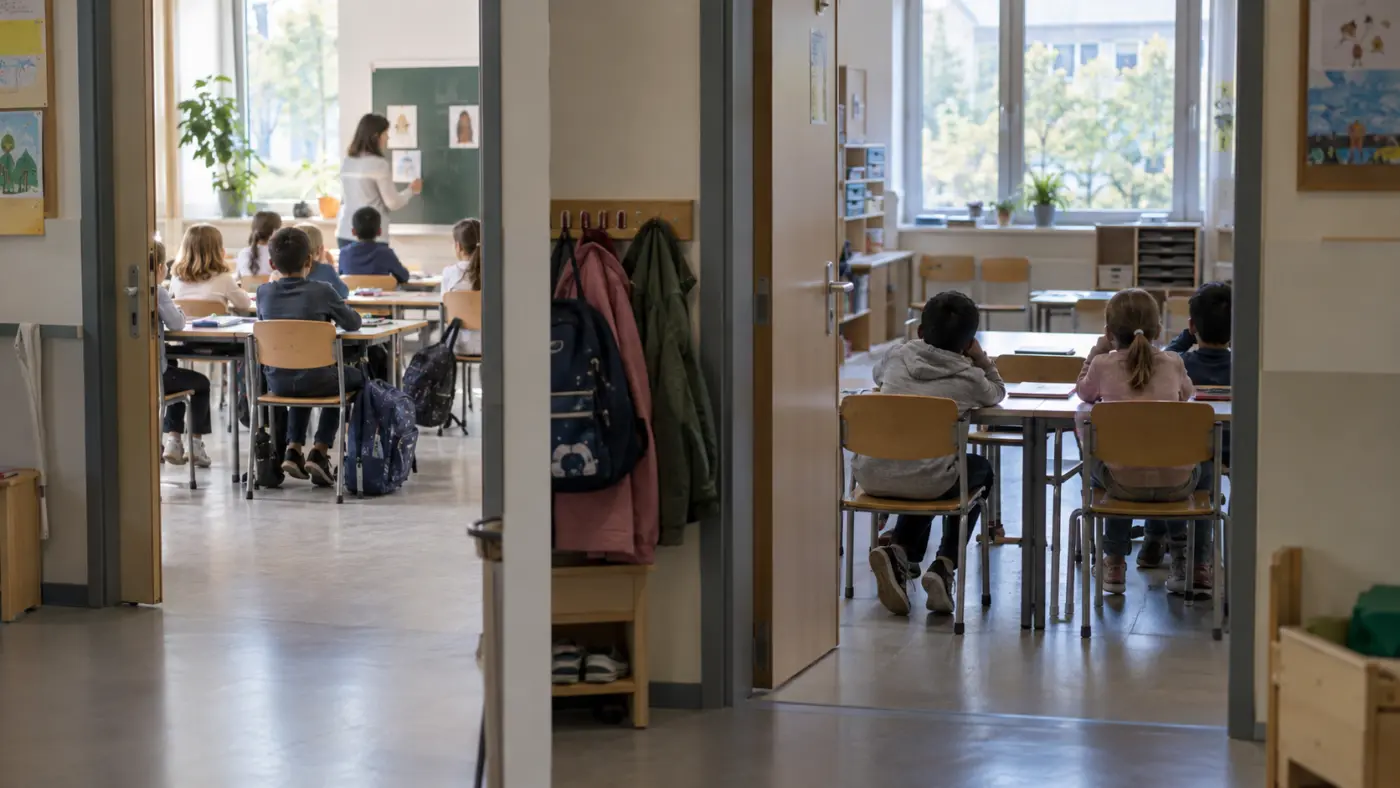 Zwei Volksschulklassen, von denen eine Unterricht erhält und die andere ohne Lehrkraft wartet