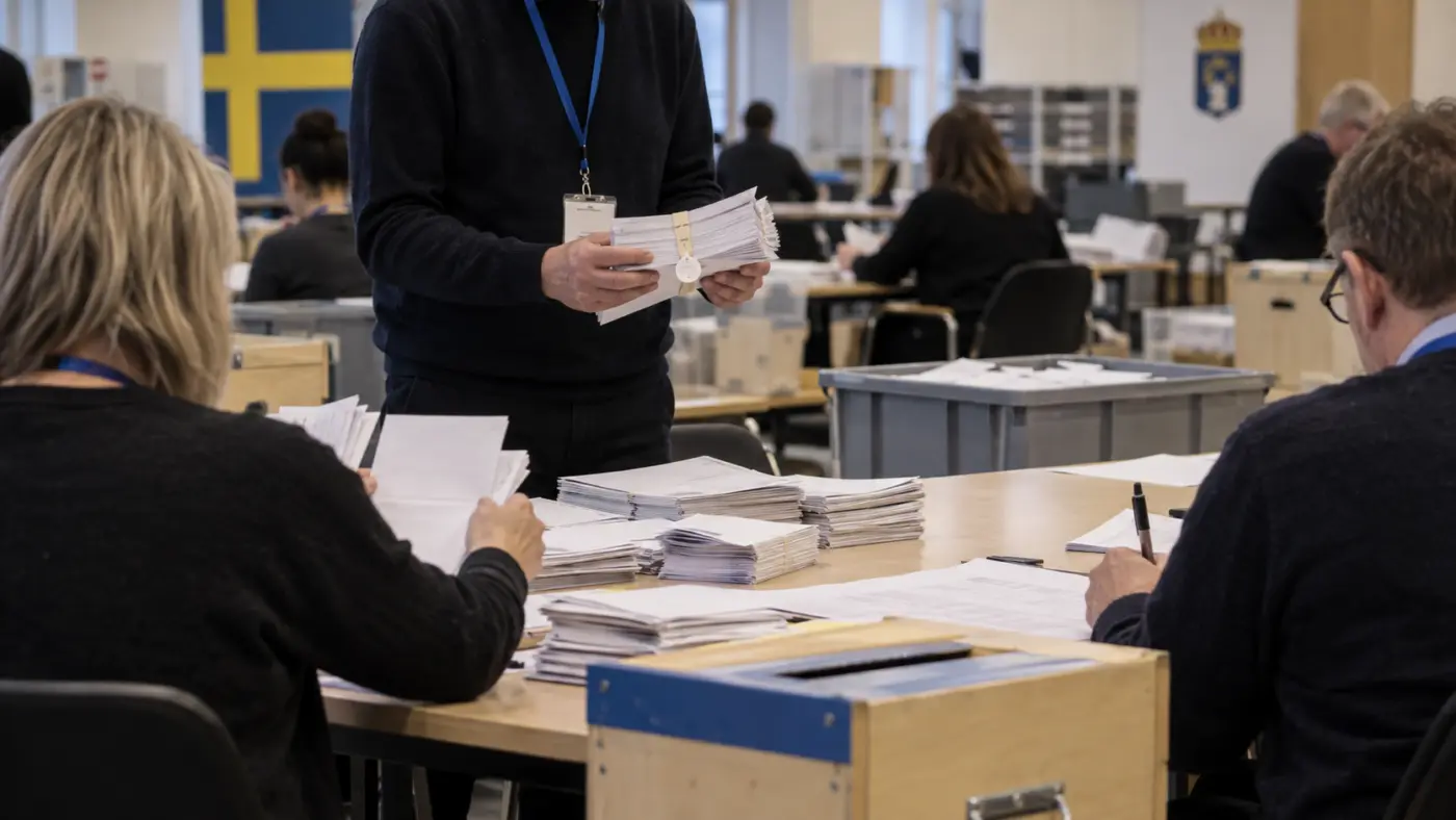 Wahlhelfer zählen in einem schwedischen Wahllokal Stimmzettel aus