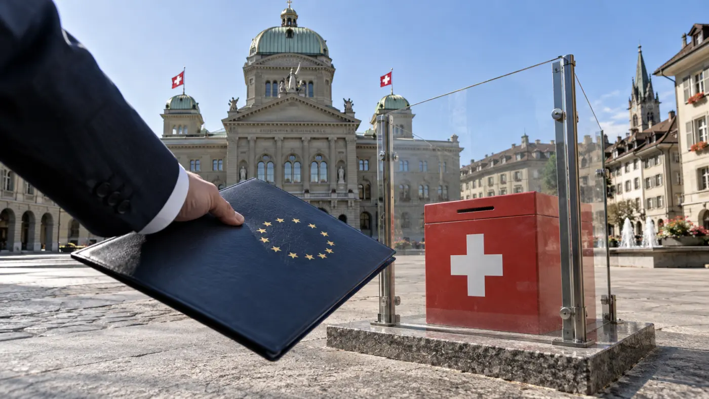 EU-Vertragsmappe vor einer geschützten Schweizer Abstimmungsurne in Bern