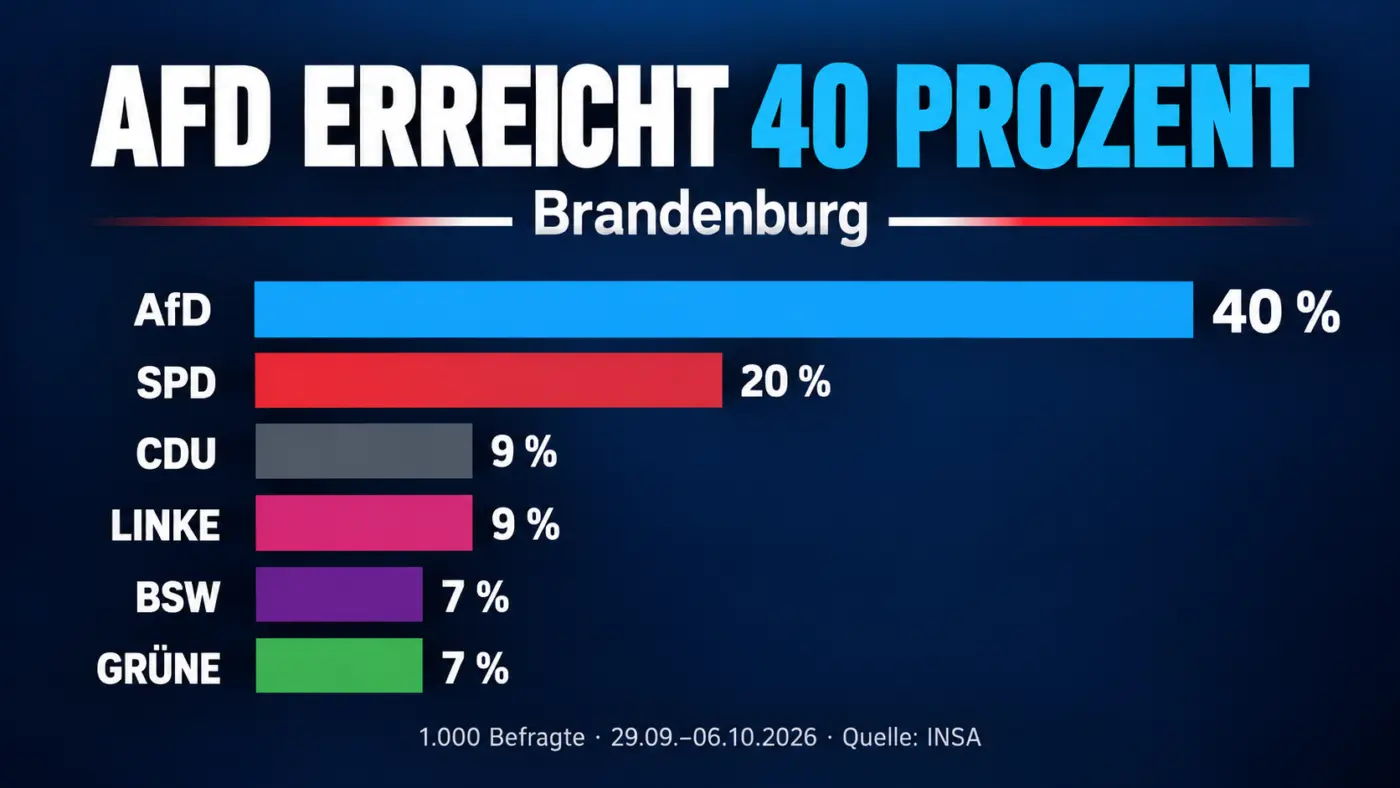 Balkendiagramm der INSA-Umfrage für Brandenburg mit der AfD bei 40 Prozent