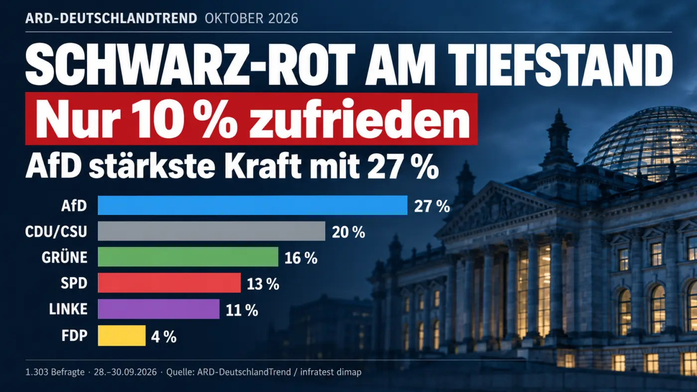 Historischer Tiefstand: Nur noch 10 Prozent zufrieden – AfD stärkste Kraft