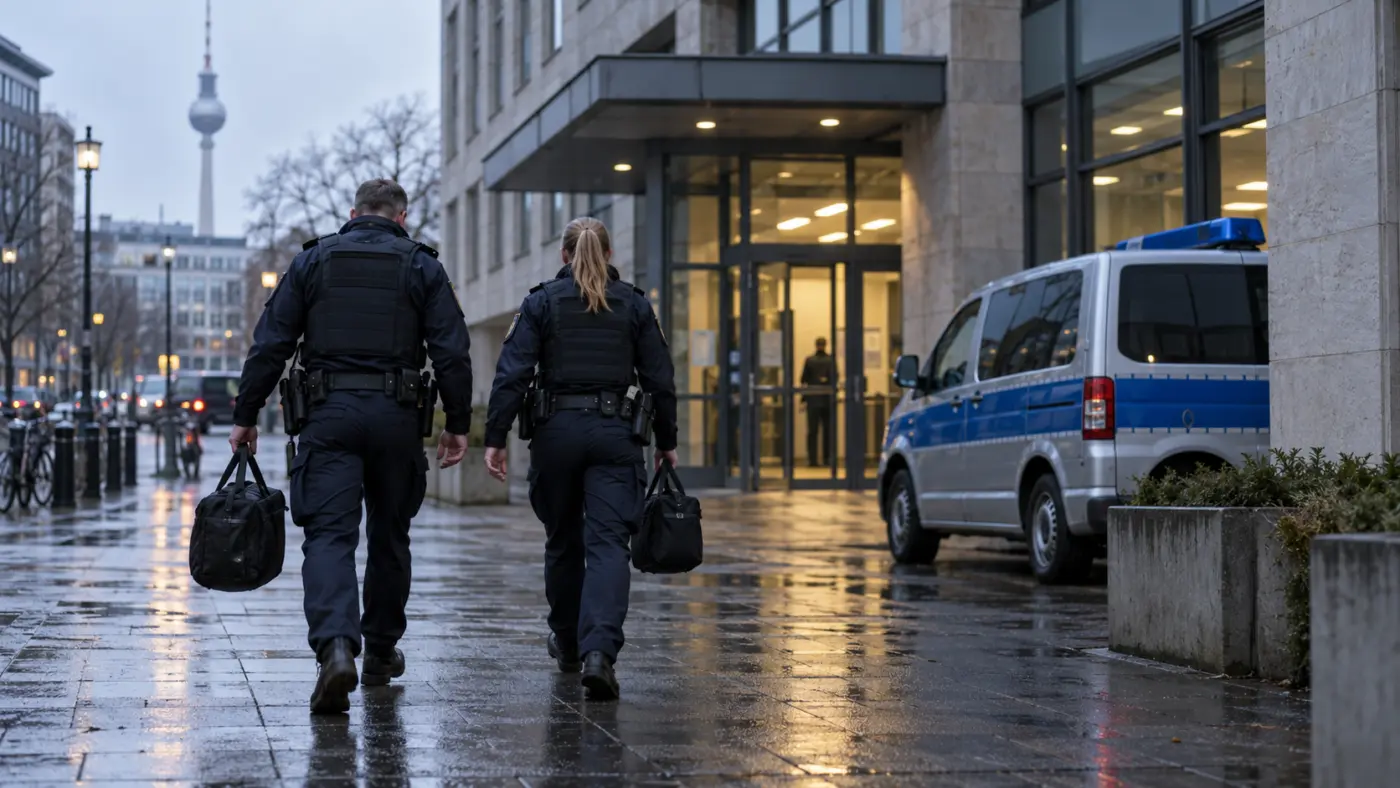 Zwei Berliner Polizeibeamte verlassen mit Taschen eine Dienststelle