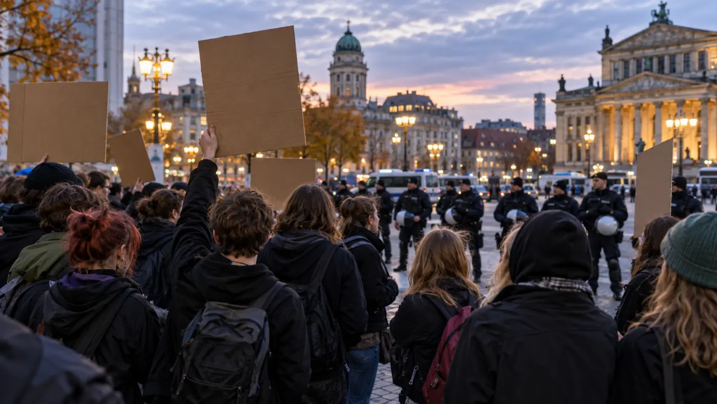 Junge Demonstranten mit leeren Plakaten stehen einer Polizeikette in einer deutschen Stadt gegenüber