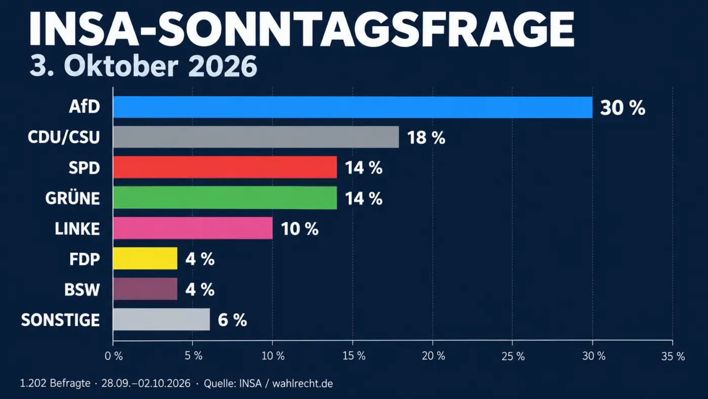 AfD erreicht erstmals 30 Prozent – zwölf Punkte vor der Union