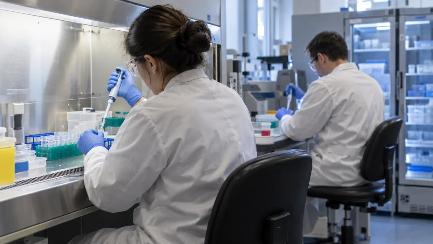 Zwei Wissenschaftler arbeiten in einem Impfstofflabor mit Pipetten und Probenröhrchen