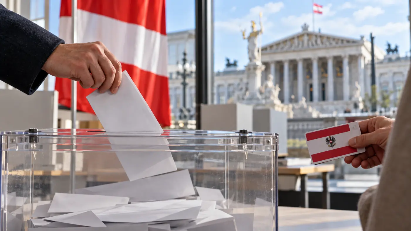 Stimmabgabe vor österreichischer Flagge und dem Parlament in Wien